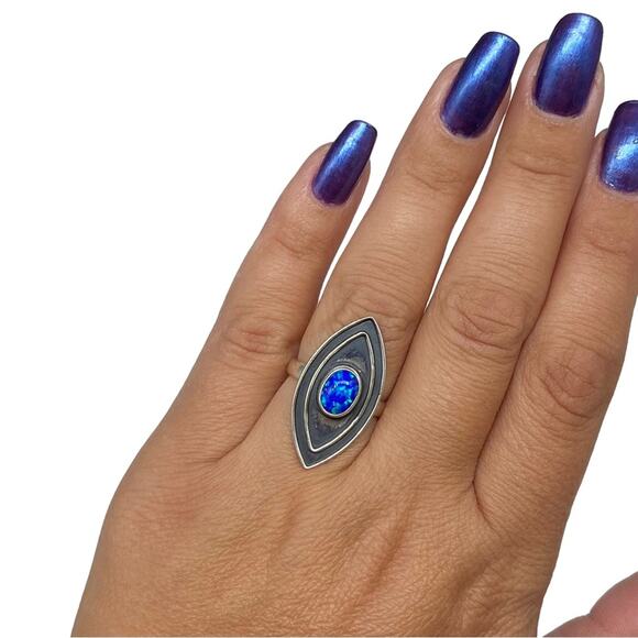 Blue Fire Opal Ring Size 6.5 Solid Sterling Silver 925 Boho Stone Jewelry - Picture 1 of 4